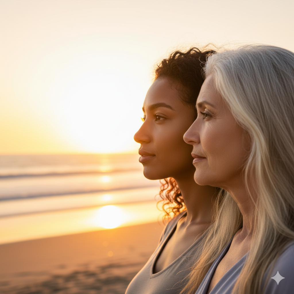 Two women practicing yoga on a beach at sunset, representing balance and community.